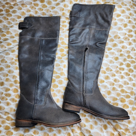 BP Leather Extended Calf Side Zip Boots Grey Tall Womens 7